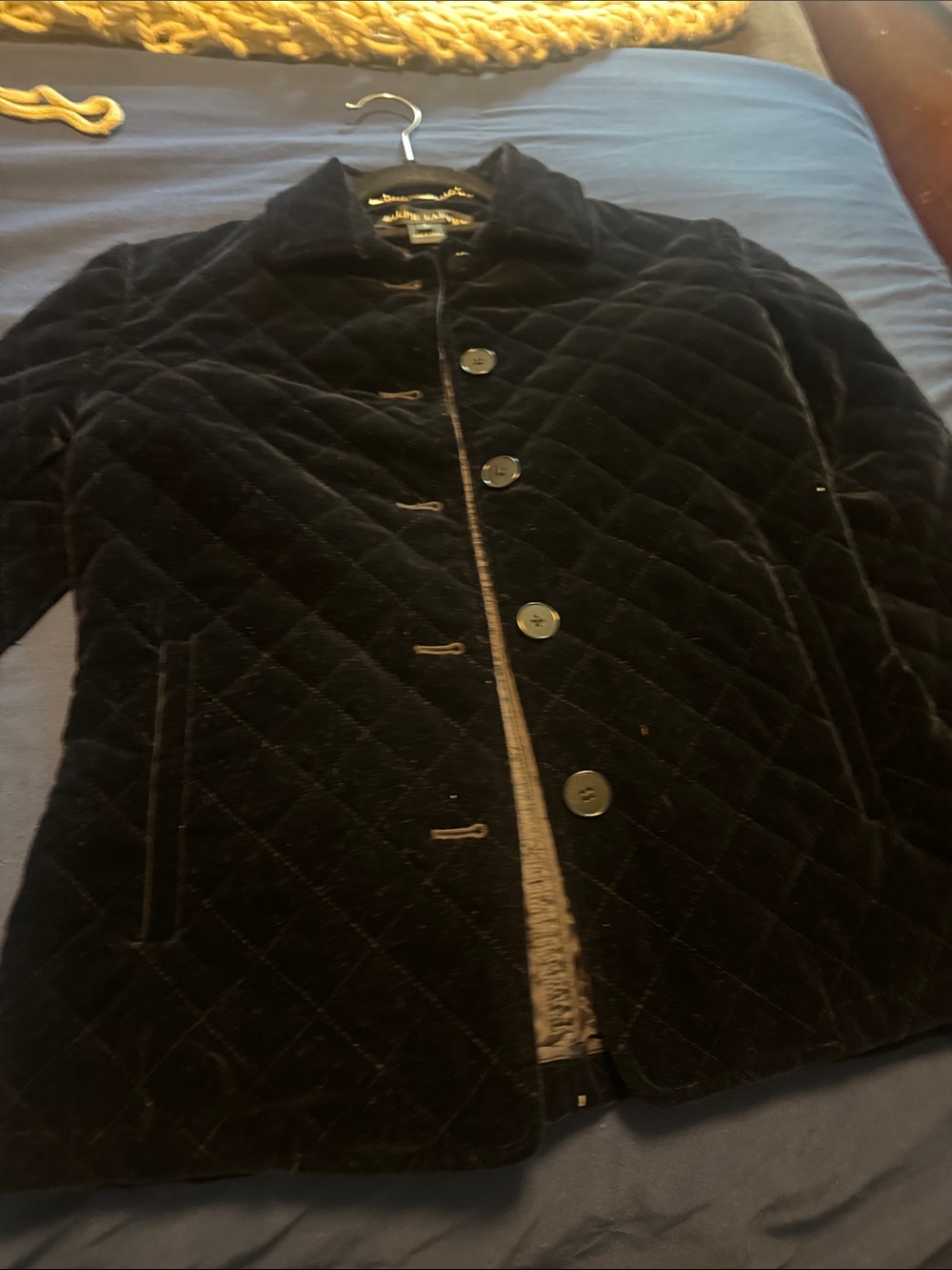 Ralph Lauren Black Quilted Velvet Button-Front Puffer Jacket